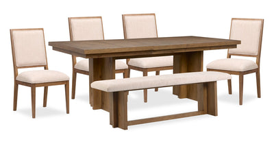 Scott Living Henri 6pc Dining Set with Table, Bench & Chairs, 66-84"W Extension, Wood - Brown & Cream | Ensemble de salle à manger Henri de Scott Living 6 pièces en bois avec table, rallonge de 66 po à 84 po (L), banc et chaises - brun et crème