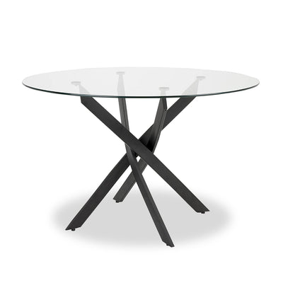 Zoe Dining Table with Glass Top, Metal Geometric Base, 47"W Round - Black | Table de salle à manger ronde Zoe de 47 po (L) avec dessus en verre et base géométrique en métal - noire