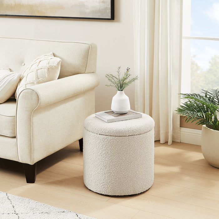 Ontario 14.75\" Round Fabric Storage Ottoman - White