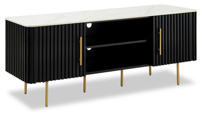 Kort & Co. Capri 60” Modern TV Stand with White Sintered Stone Top, Storage and Cable Management for TVs | Meuble pour téléviseur moderne Capri de Kort & Co. de 60 po avec dessus en pierre frittée blanche, rangement