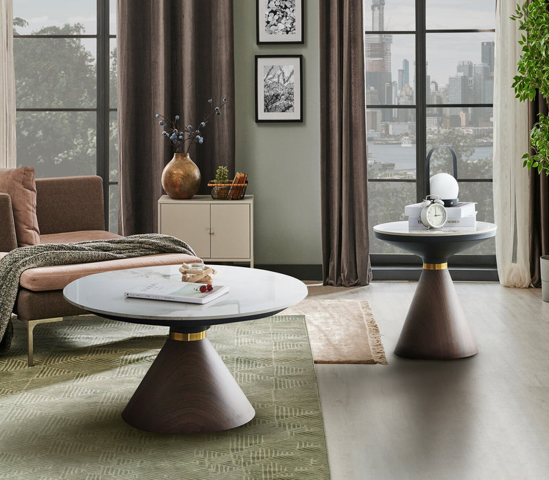 Alwin 31.5” Modern Round Coffee Table with White Sintered Stone Top - Brown