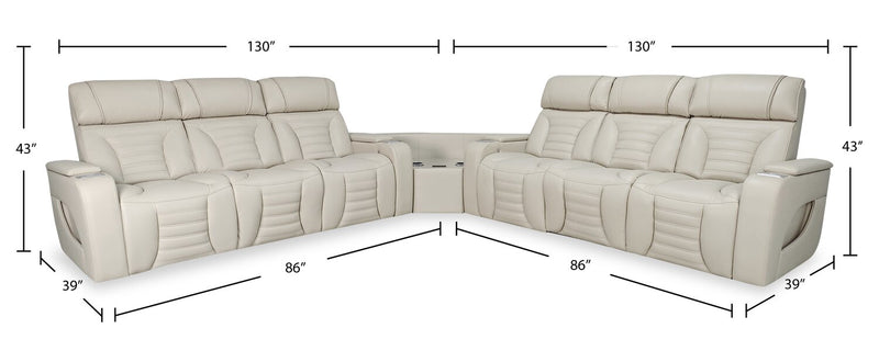 Zen 3-Piece Leather-Look Fabric Power Reclining Sectional with Massage and Two Drop-Down Consoles - Apricot