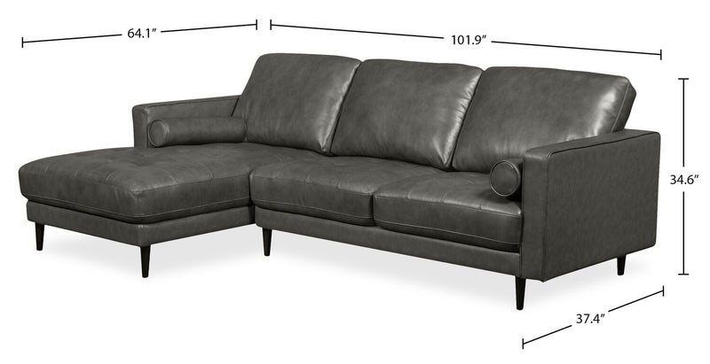 Edge 2-Piece Left-Facing Genuine Leather Sectional with Wood Legs and Removable Back Cushions - Grey