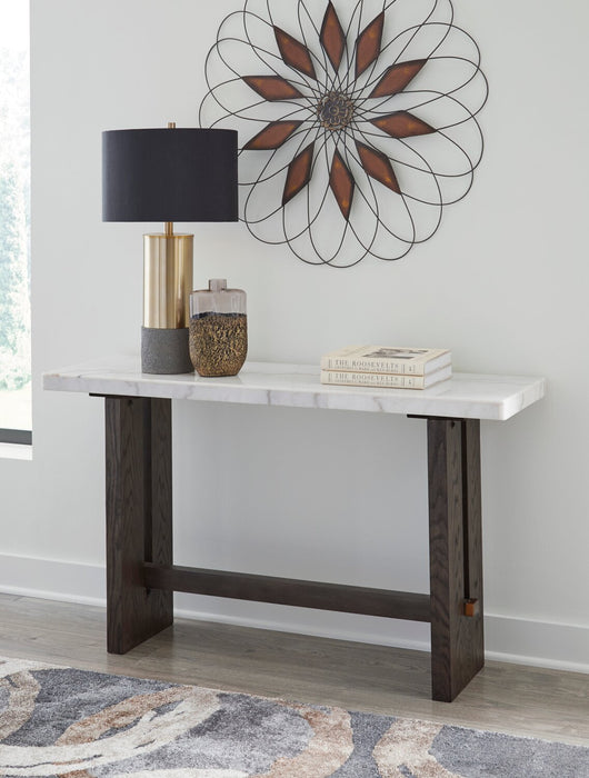 Warwick 52” Solid Wood and Marble Sofa Table – White and Brown Oak