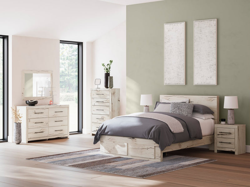 Derekson Storage Bed with 2 Built-In Footboard Drawers, Rustic White - Queen Size
