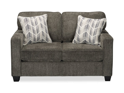 Made in Canada Lennox 57" Chenille Fabric Loveseat with Reversible Cushions and Accent Pillows - Grey | Causeuse Lennox de 57 po fabriquée au Canada en tissu de chenille avec coussins réversibles et coussins décoratifs - grise