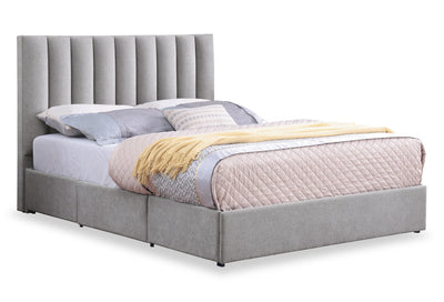 Amos Upholstered Storage Bed in Grey Fabric with Channelled Headboard & 3 Built-in Drawers - Queen Size | Lit de rangement Amos rembourré en tissu gris avec tête de lit à canaux et 3 tiroirs intégrés - format grand lit