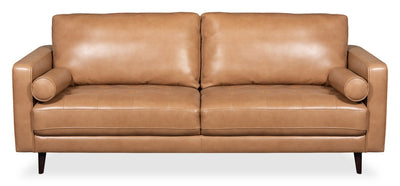 Edge 86" Genuine Leather Sofa with Wood Legs and Removable Back Cushions - Brown | Sofa Edge de 86 po en cuir véritable avec pattes en bois et coussins de dossier amovibles - brun