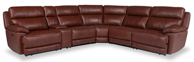 Sorrento 6-Piece Genuine Leather Power Reclining Sectional with Storage Console and USB Port - Madrid Brick Brown | Sofa sectionnel à inclinaison électrique Sorrento 6 pièces en cuir véritable avec console de rangement et port USB - brun brique de Madrid