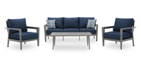 Barrie 4-Piece Outdoor Patio Set with Sofa, 2 Chairs and Table - Aluminum, UV & Weather Resistant - Blue & Grey