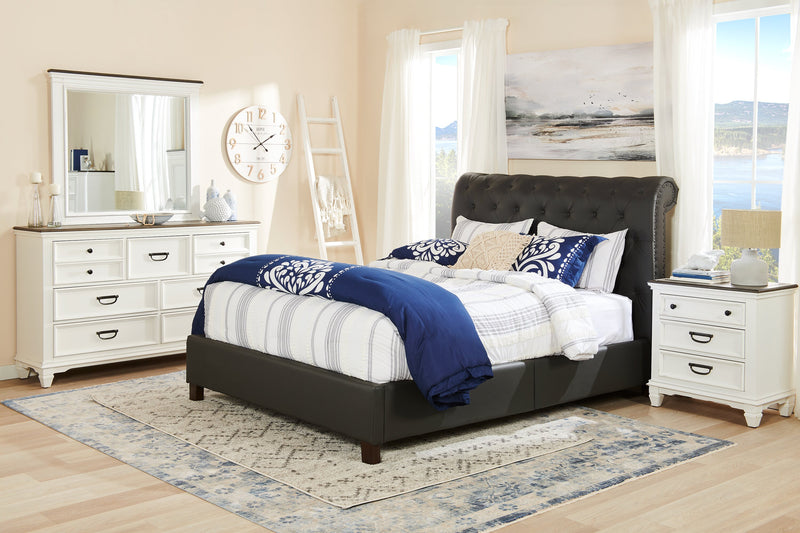 Tulsa Upholstered Platform Bed in Grey Vegan-Leather Fabric, Button Tufted - King Size