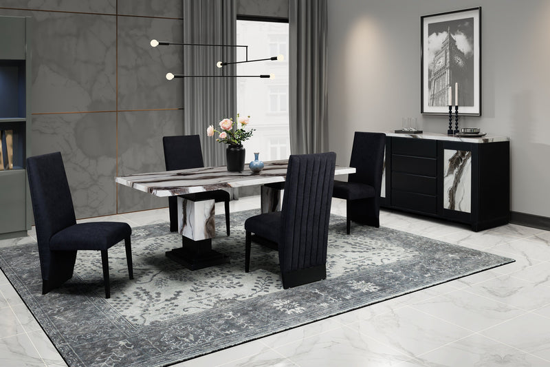 Vega Dining Table, Marble Look, Pedestal Base, 82\"W - Black & White