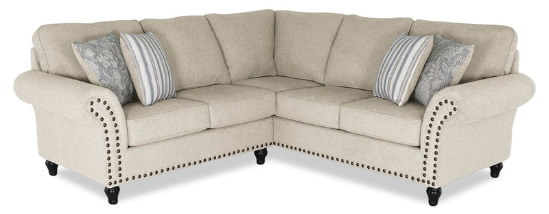 Made in Canada Wynn 2-Piece Chenille Fabric Sectional with Nailhead Trim and Wood Bun Legs - Linen Beige