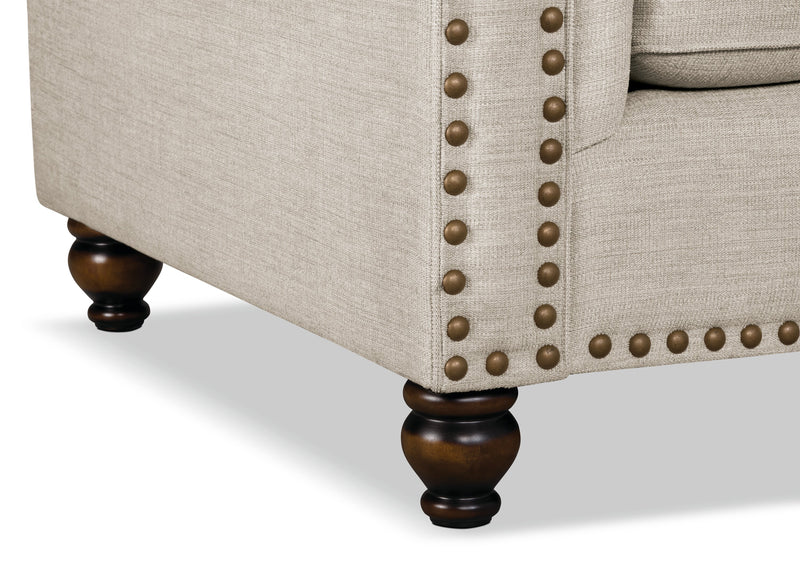 Made in Canada Wynn 2-Piece Chenille Fabric Sectional with Nailhead Trim and Wood Bun Legs - Linen Beige