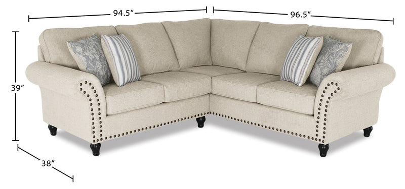 Made in Canada Wynn 2-Piece Chenille Fabric Sectional with Nailhead Trim and Wood Bun Legs - Linen Beige