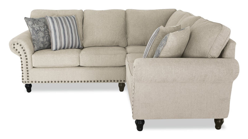 Made in Canada Wynn 2-Piece Chenille Fabric Sectional with Nailhead Trim and Wood Bun Legs - Linen Beige