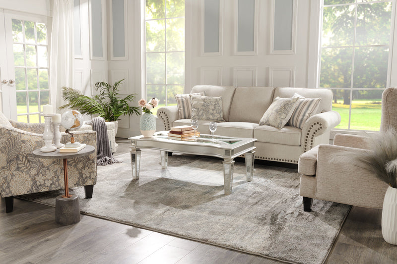 Made in Canada Wynn 93\" Chenille Fabric Sofa with Nailhead Trim and Wood Bun Legs - Linen Beige