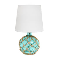 Elegant Designs Buoy Rope Nautical Netted Coastal Ocean Sea Glass Table Lamp with White Fabric Shade, Aqua