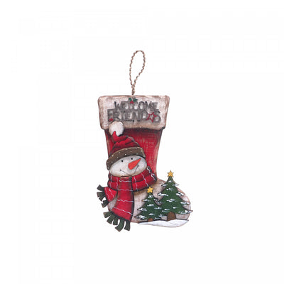 Wooden 'Welcome Friends' Snowman Stocking Wall Hanging|Décoration murale en forme de bas de Noël « Welcome Friends » en bois avec bonhomme de neige