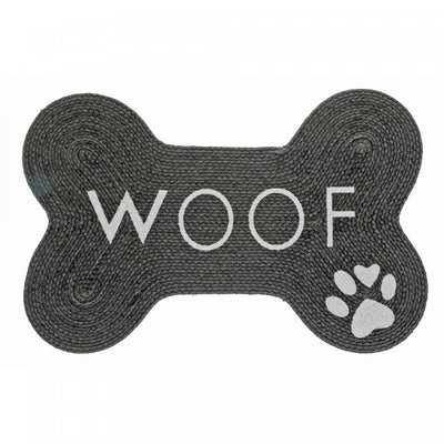 Braided Cotton Bone Shape Pet Mat Woof Paw Floormat|Tapis de plancher pour animaux « Woof » en forme d’os en coton tressé orné d’une empreinte de patte