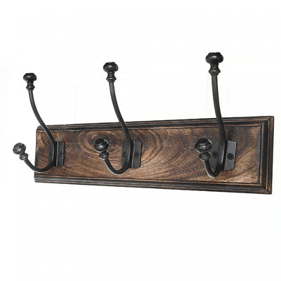 Triple Gun Metal Iron Hooks on Wood Base|Trois crochets en fer gris métallisé sur une base en bois