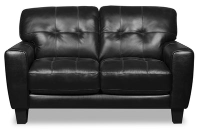 Curt Genuine Leather Loveseat - Black - {Modern}, {Retro} style Loveseat in Black {Solid Woods}