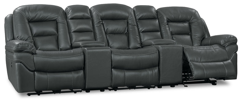 Leo 5-Piece Leather-Look Fabric Home Theatre Power Reclining Sectional with Storage Consoles and Cupholders - Grey