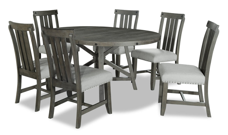 Alto Round 7pc Dining Set with Table & 6 Chairs, 48-66\"W Extension, Trestle Base - Grey