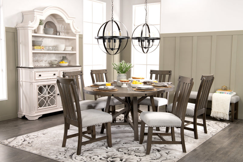 Alto Round Dining Table with 48-66\"W Extension, Trestle Base - Grey