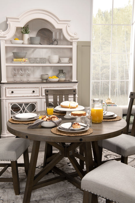 Alto Round Dining Table with 48-66\"W Extension, Trestle Base - Grey