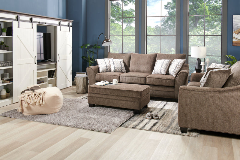 Made in Canada Febe 75\" Chenille Fabric Loveseat with Flared Arms and Accent Pillows - Brown