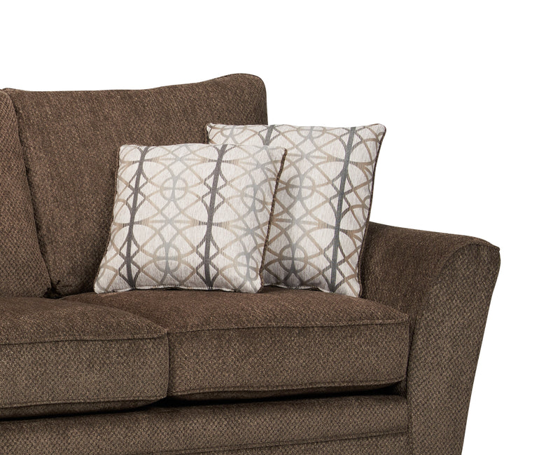 Made in Canada Febe 75\" Chenille Fabric Loveseat with Flared Arms and Accent Pillows - Brown