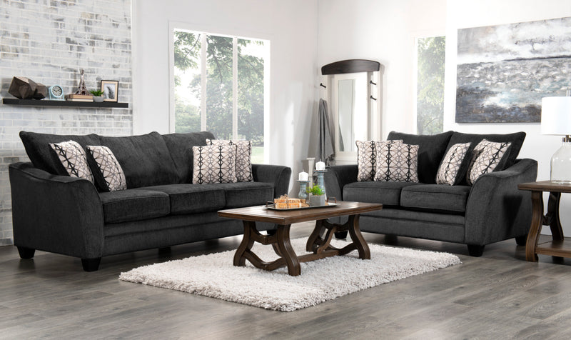 Made in Canada Febe 75\" Chenille Fabric Loveseat with Flared Arms and Accent Pillows - Charcoal Grey