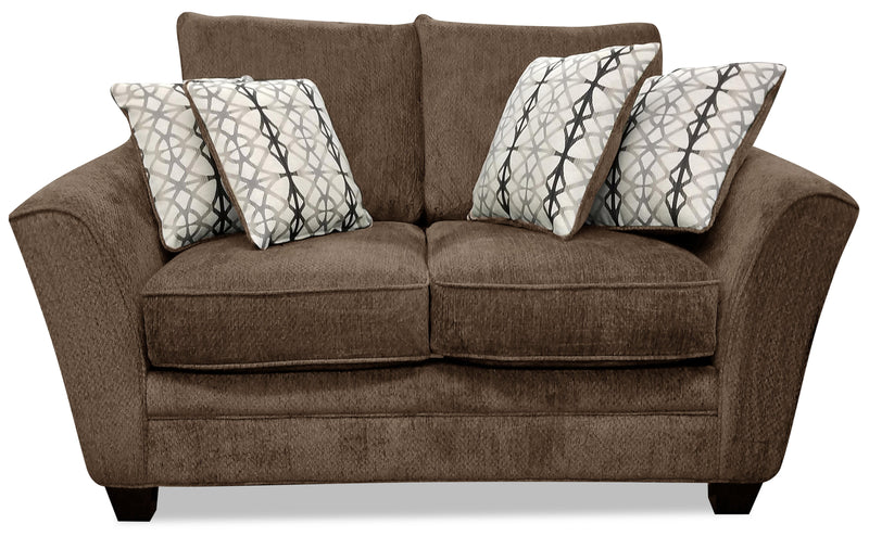 Made in Canada Febe 75\" Chenille Fabric Loveseat with Flared Arms and Accent Pillows - Brown