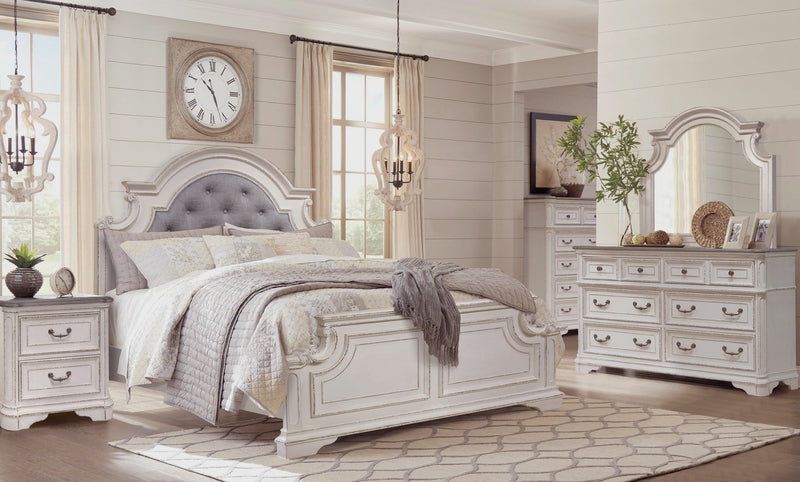 Grace Panel Bed with Headboard & Frame, Wooden, Fabric, Antique White - Queen Size