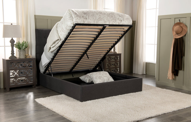 Jace Upholstered Storage Platform Bed in Grey Fabric, Tufted - Queen Size