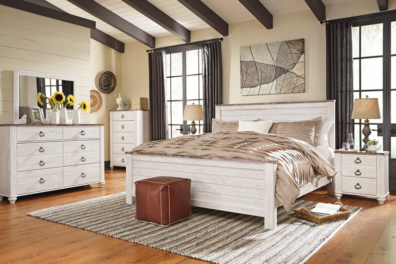 Willowton 6pc Bedroom Set with Bed, Dresser, Mirror & Nightstand, Whitewash - King Size