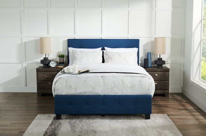 Page Upholstered Bed in Blue Linen-Look Fabric, Button Tufted - Full Size