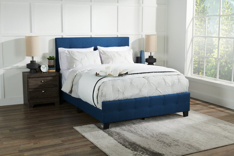 Page Upholstered Bed in Blue Linen-Look Fabric, Button Tufted - Full Size