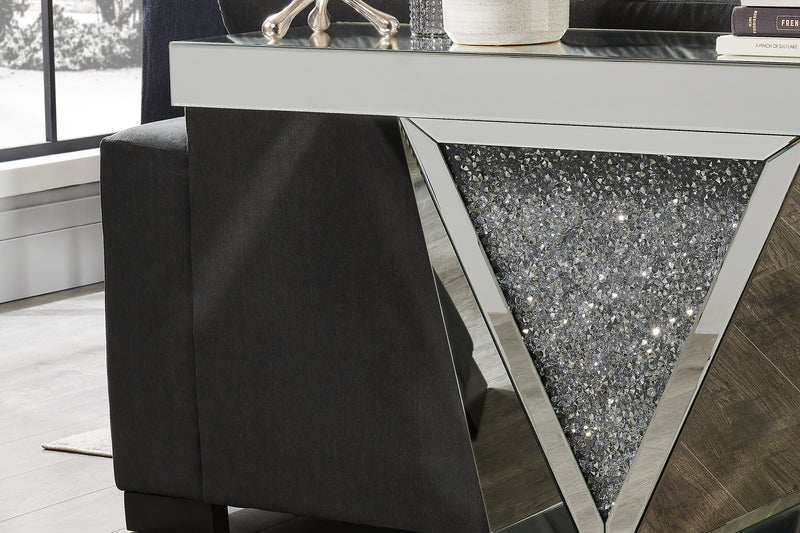 Rosie 47.5\" Glam Mirror & Glass Top Sofa Table - Silver Metal with Diamond Look Legs