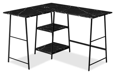 Evlin 42" L-Shaped Office Desk with Shelves - Black Marble-Look|Bureau en forme de L Evlin de 42 po à tablettes - apparence marbre noir