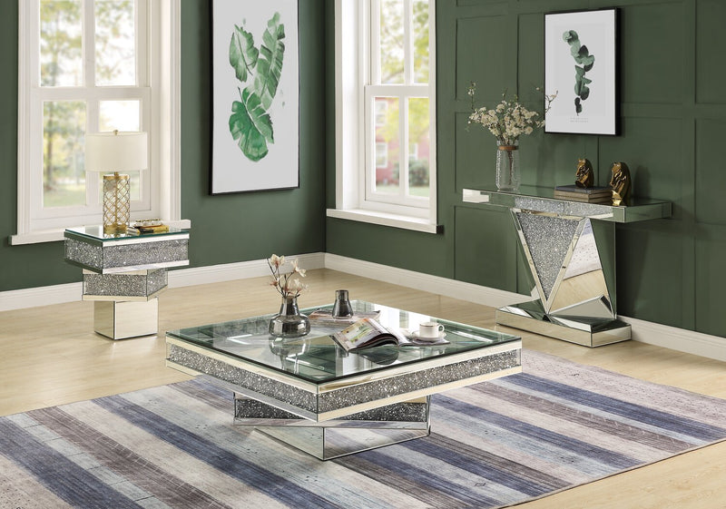 Rosie 20\" Glam Mirror & Glass Top End Table - Silver Metal with Diamond Look Legs