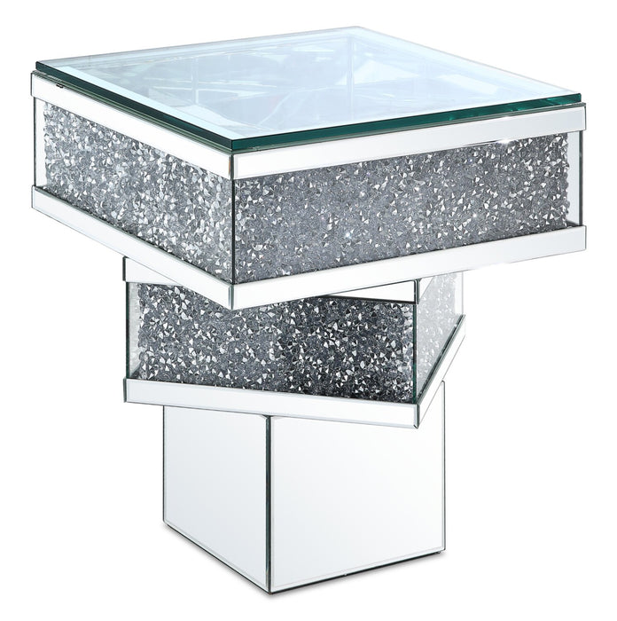 Rosie 20\" Glam Mirror & Glass Top End Table - Silver Metal with Diamond Look Legs
