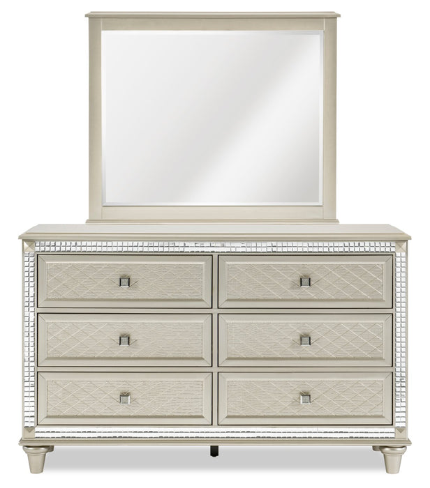 Tyra 5pc Bedroom Set with Bed, Dresser & Mirror, Glam, Vegan Leather, Champagne - King Size
