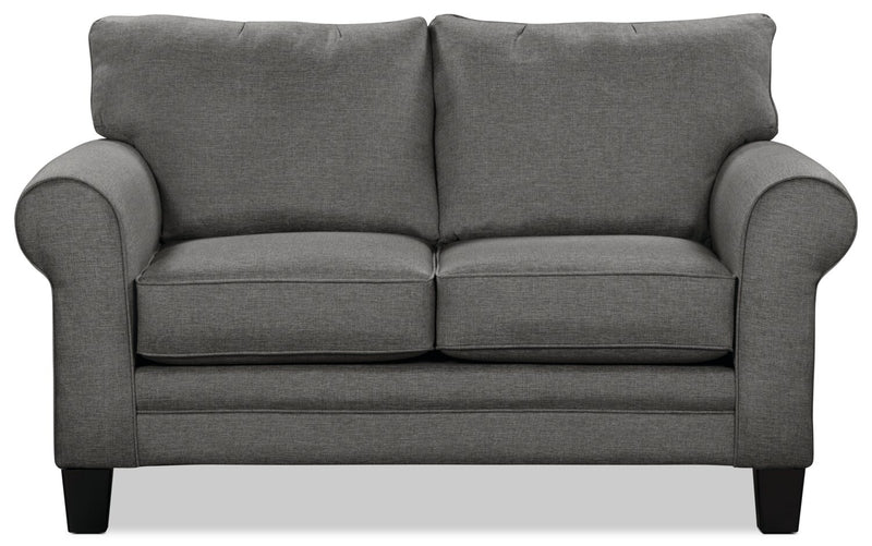Made in Canada Tula 65\" Fabric Loveseat with Rolled Arms and Accent Pillows - Steel Grey