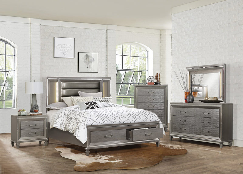 Max 5pc Bedroom Set with Storage Bed, Dresser & Mirror, LED, Glam, Silver - King Size