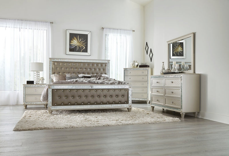 Tyra 5pc Bedroom Set with Bed, Dresser & Mirror, Glam, Vegan Leather, Champagne - King Size