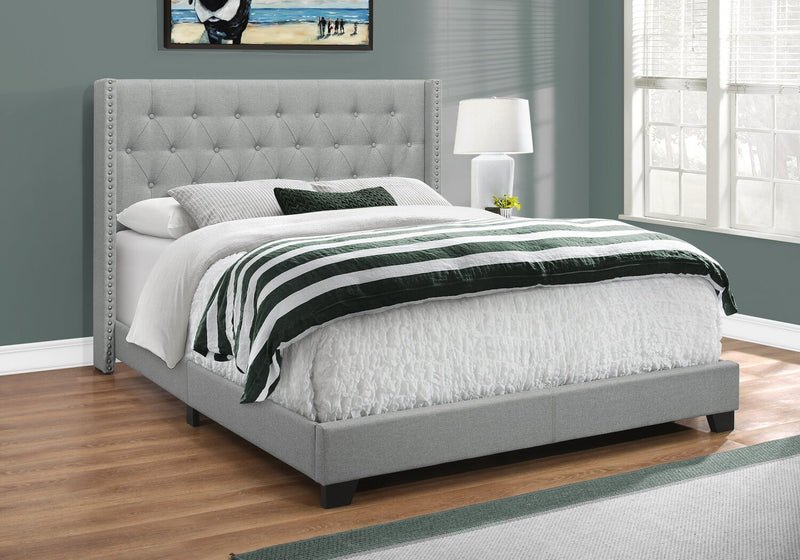 Portia Upholstered Wingback Bed in Grey Fabric with Nailhead Design, Button Tufted - Queen Size