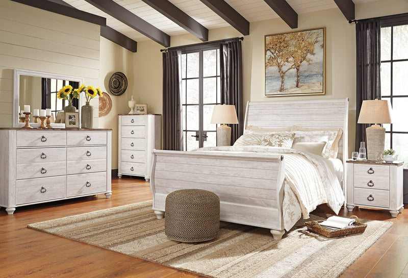 Willowton 6pc Bedroom Set with Sleigh Bed, Dresser, Mirror & Nightstand, Whitewash - Queen Size