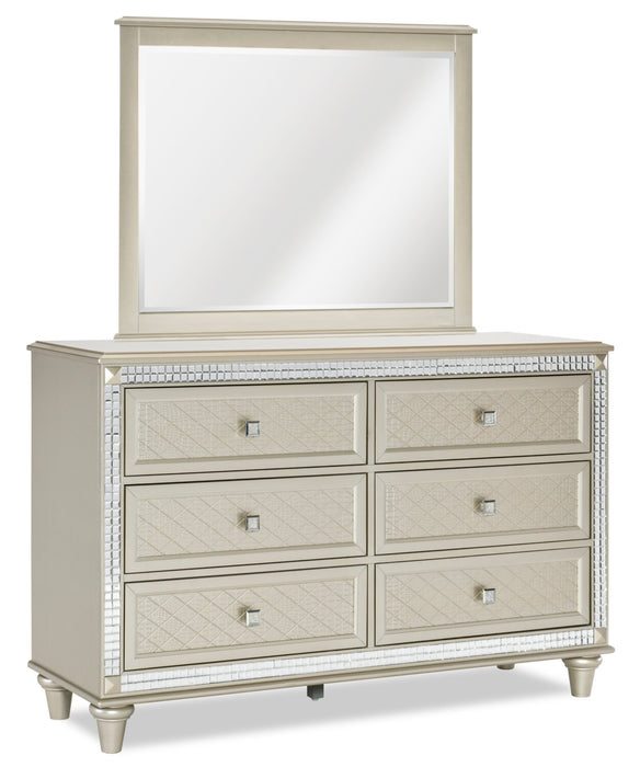 Tyra 5pc Bedroom Set with Bed, Dresser & Mirror, Glam, Vegan Leather, Champagne - King Size